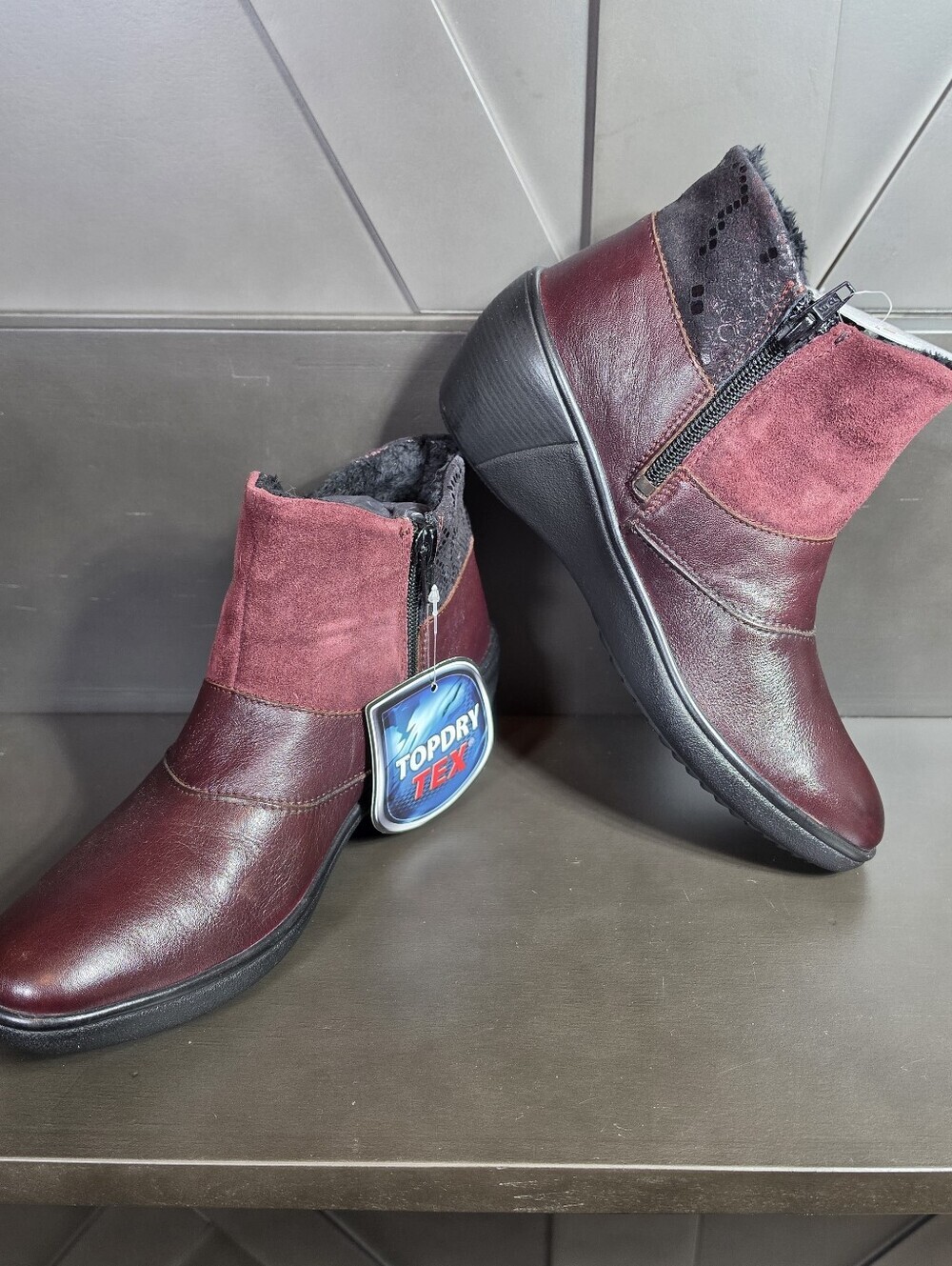 Romika Burgundy Leather & Suede Ankle Booties W Topdry Tex Womens US 6 1/2 EU 37